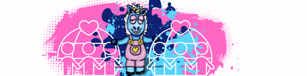 Farbenfrohe Illustration mit Einhornfigur Erna mit HörgerĂ€ten und Herzsymbolen in Pink und Blau â Symbol fĂŒr Gemeinschaft, Inklusion und barrierefreies Hören beim WOW My Website Contest.â