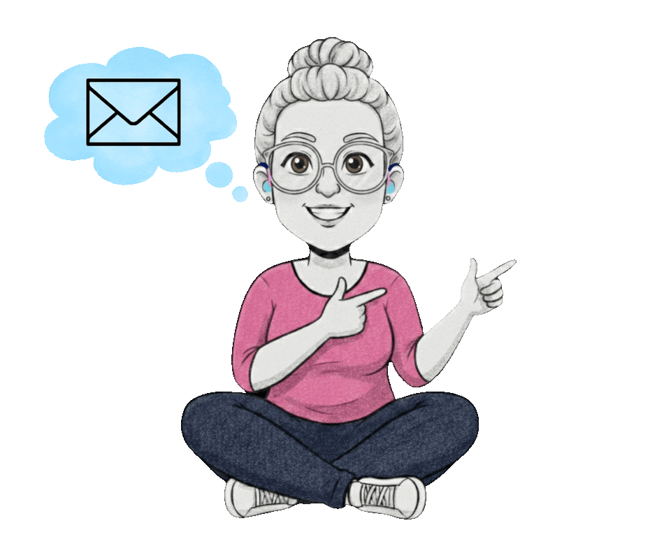 Illustration einer lächelnden Frau mit Dutt, Brille und Hörgeräten, die im Schneidersitz sitzt und auf ein Kontaktformular zeigt. Neben ihr eine Gedankenblase mit Briefsymbol. Symbolbild für Kontaktaufnahme bei Fragen rund um Hörgeräte, Schwerhörigkeit und Beratung auf Sarahs Ohr.