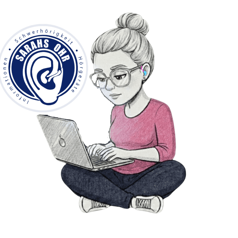 Illustration einer Frau mit Dutt, Brille und Hörgerät, die am Laptop sitzt. Daneben das Logo von Sarahs Ohr mit Ohr-Symbol und den Begriffen Schwerhörigkeit, Hörgeräte und Informationen. Symbolbild für Impressum und rechtliche Angaben der Plattform Sarahs Ohr.