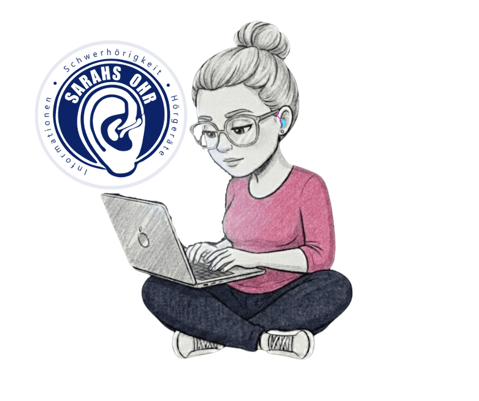 Illustration einer Frau mit Dutt, Brille und Hörgerät, die am Laptop sitzt. Daneben das Logo von Sarahs Ohr mit Ohr-Symbol und den Begriffen Schwerhörigkeit, Hörgeräte und Informationen. Symbolbild für Impressum und rechtliche Angaben der Plattform Sarahs Ohr.