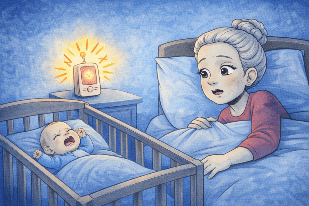 Illustration einer schwerhörigen Mutter im Bett neben einem Babybett. Ein Babyfon mit Lichtsignal zeigt an, dass das Baby weint, sodass sie auch ohne Hörgeräte aufmerksam wird.