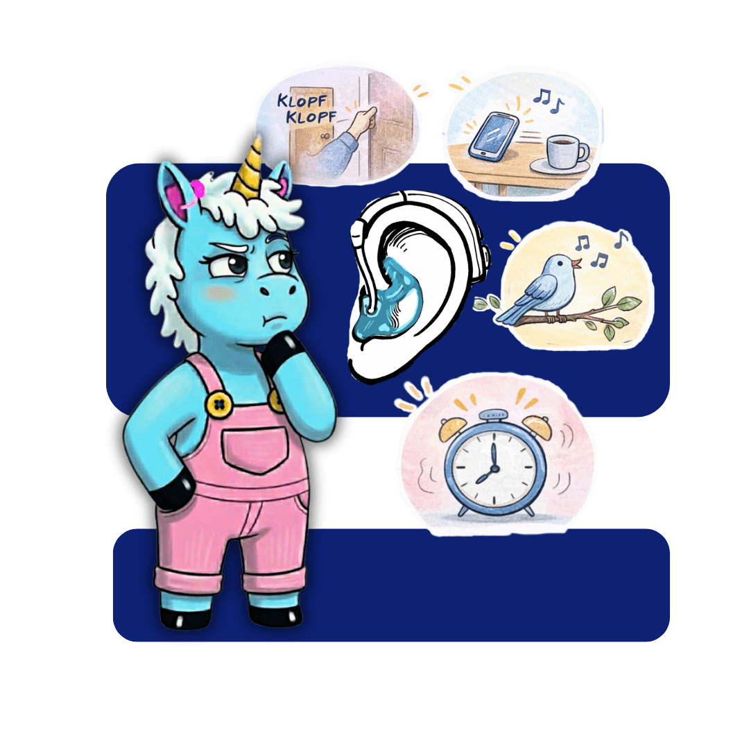 Erna schaut nachdenklich auf verschiedene Geräusche und ein Ohr mit Hörgerät. Die Grafik zeigt: Viele Geräusche sind hörbar, aber noch nicht klar verständlich.