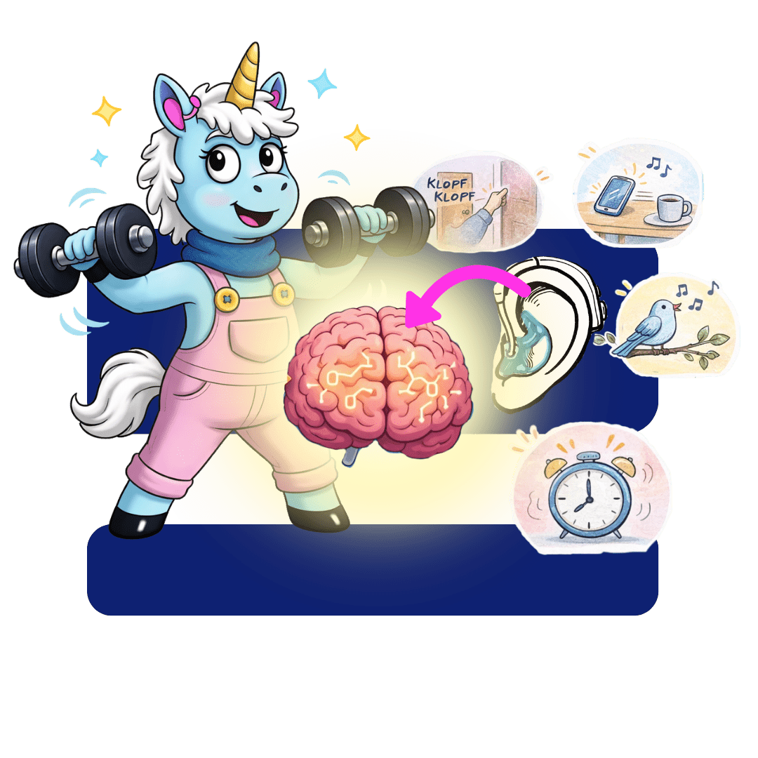 Illustration: Erna zeigt auf ein Ohr mit Hörgerät. Ein Pfeil führt zum Gehirn und weiter zu Sarah. Aussage: Das Ohr hört. Das Gehirn versteht.