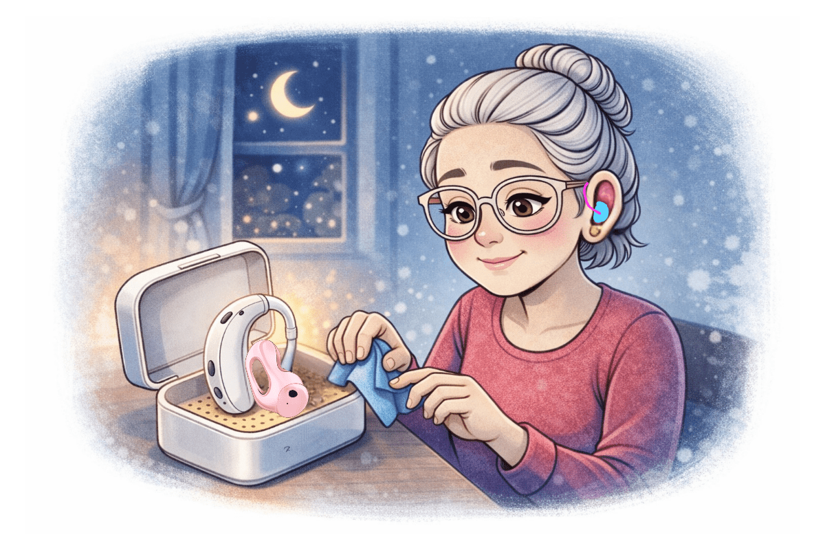 Comic Sarah reinigt ihr Hörgerät und legt es in eine Trockenbox zur Pflege