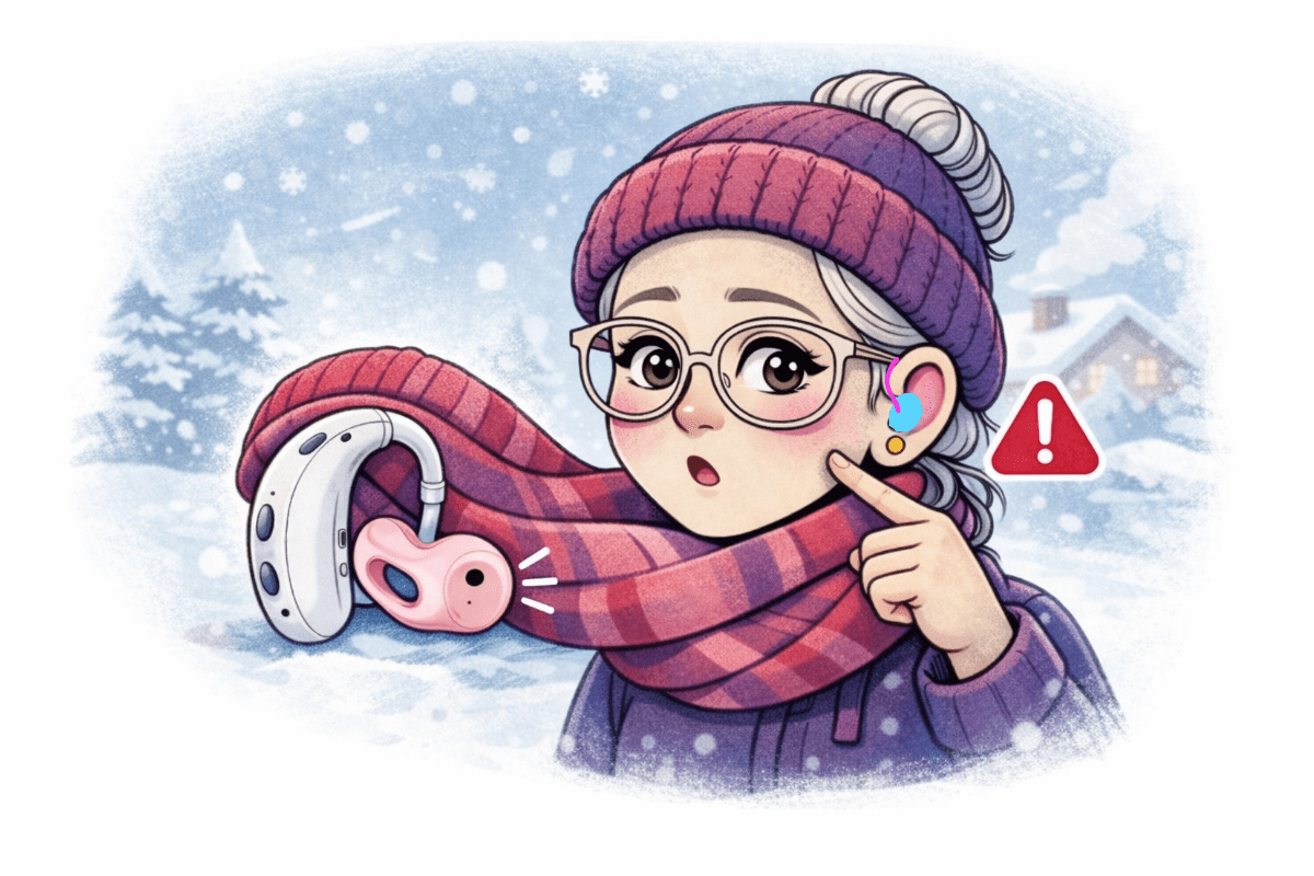 Comic Sarah mit Hörgerät im Winter zeigt, dass ein Schal oder eine Mütze das Hörgerät verdecken kann