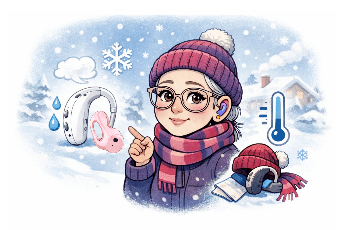 Comic Sarah mit Hörgerät im Winter zeigt Probleme durch Kälte und Feuchtigkeit für Hörgeräte