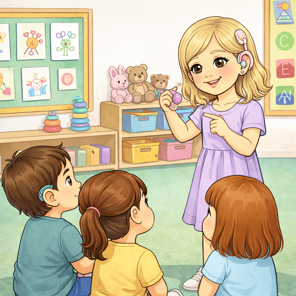 Kind mit Hörgerät erklärt im Kindergarten anderen Kindern, wie sein Hörgerät funktioniert.