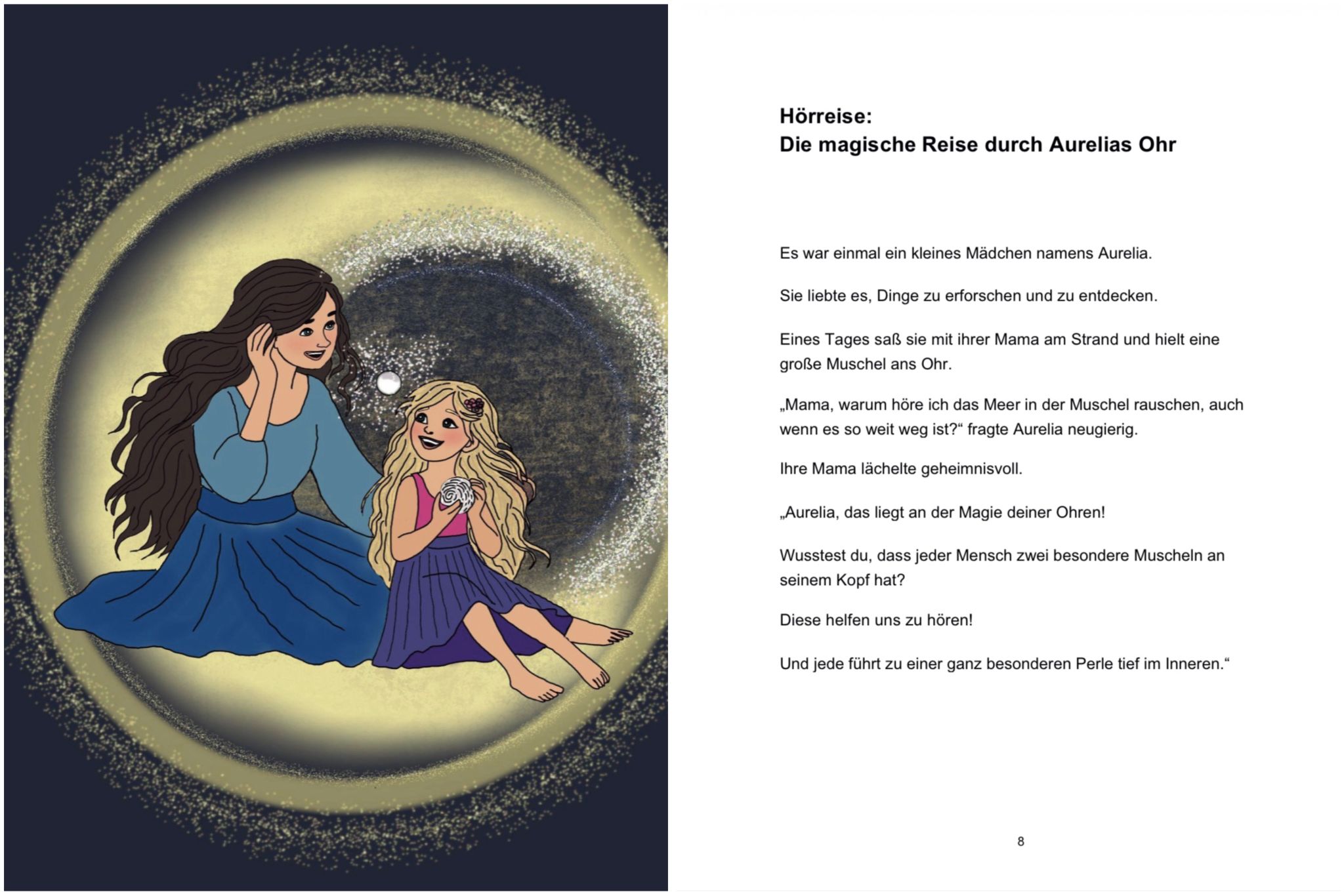 Illustration aus dem Kinderbuch Die kleine Hörperle mit Aurelia und ihrer Mama am Strand, die das Hören über eine Muschel entdecken.