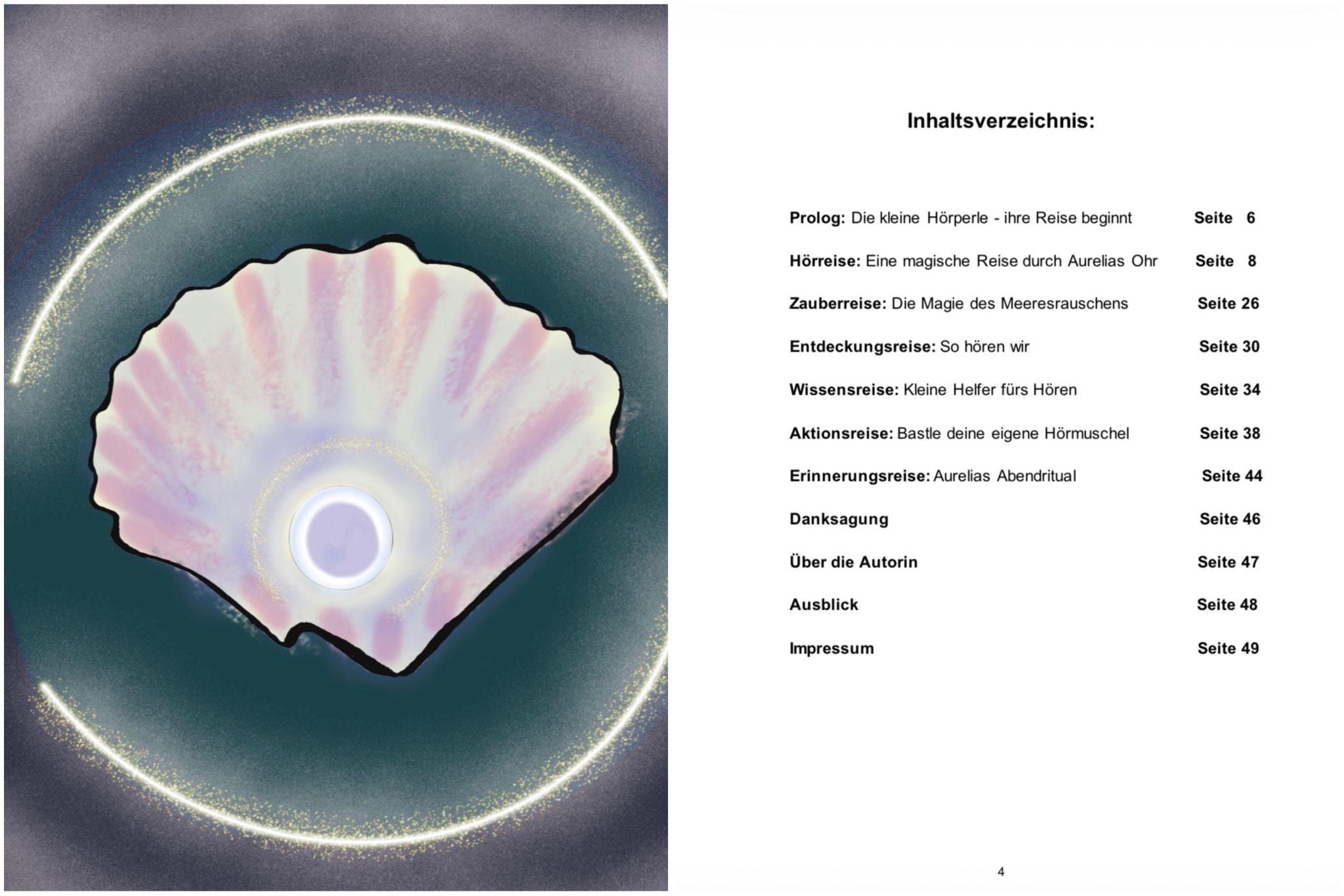 Inhaltsverzeichnis des Kinderbuchs Die kleine Hörperle mit Übersicht der Kapitel rund um das Thema Hören.