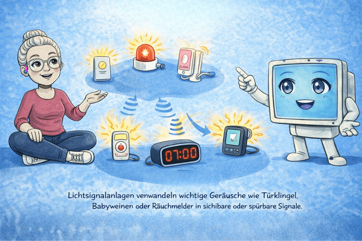 Illustration von Sarah und Kai mit verschiedenen Lichtsignalanlagen. Geräte wie Türklingel, Rauchmelder, Wecker und Pager senden Signale an Blitzlampen oder Vibrationsgeräte, damit schwerhörige Menschen wichtige Geräusche wahrnehmen können.