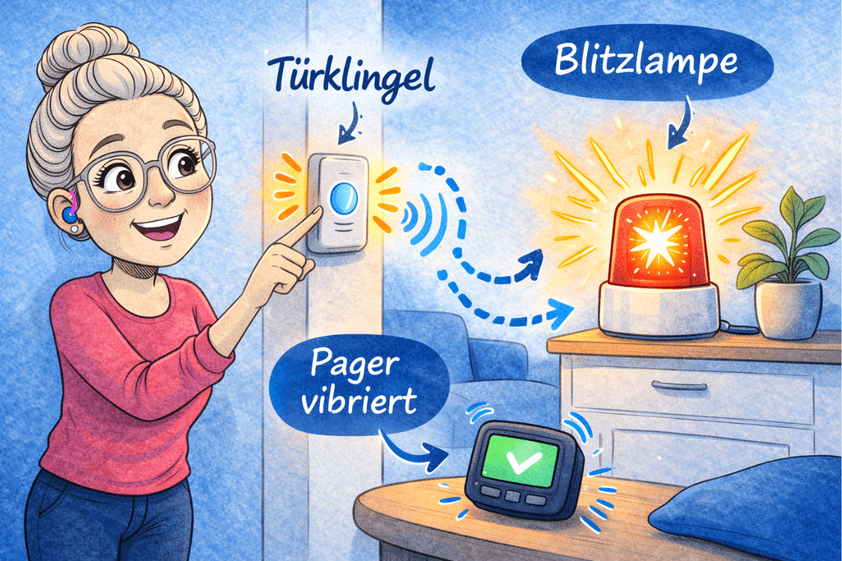 Illustration einer Frau mit Hörgerät, die eine Türklingel drückt. Das Signal wird an eine Blitzlampe und einen vibrierenden Pager übertragen, damit sie Besuch bemerkt.
