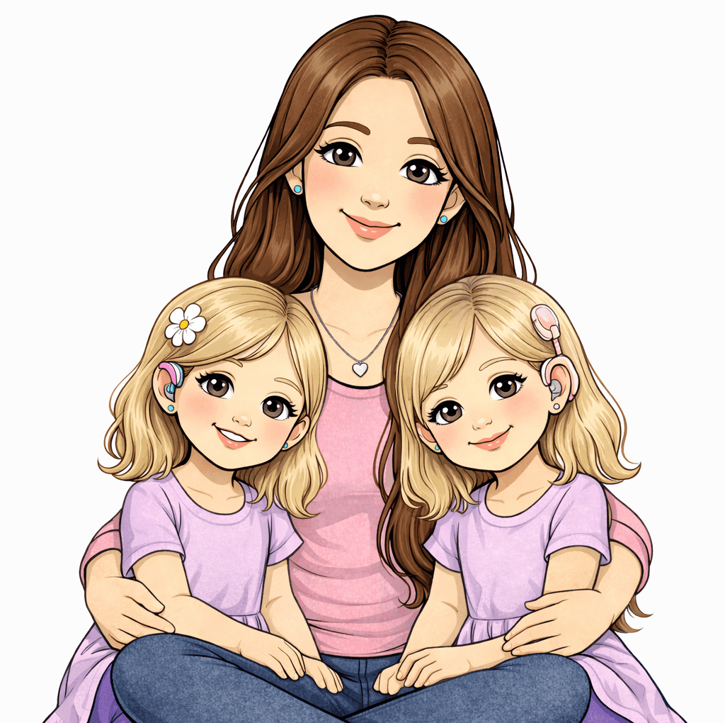 Illustration einer Mutter mit zwei kleinen Mädchen, eines mit Hörgerät und eines mit Cochlea-Implantat.