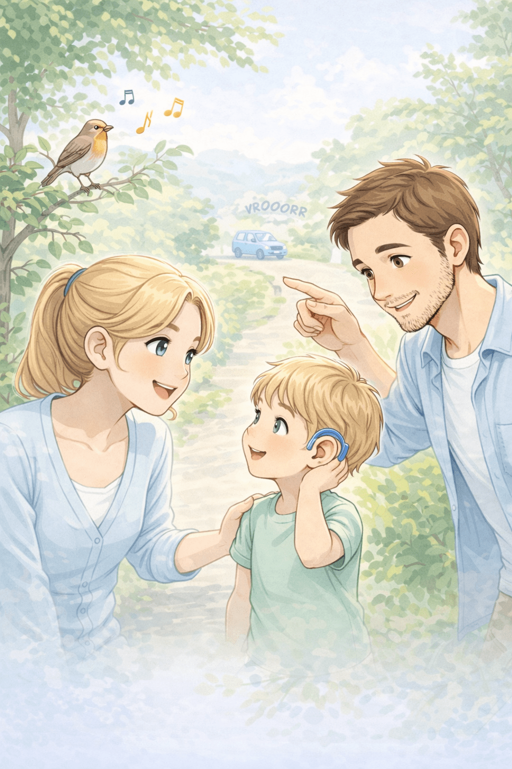 Mutter zeigt ihrem Kind einen Schlüsselbund als Hörspiel im Alltag. Das Kind mit Hörgerät schaut aufmerksam und neugierig.