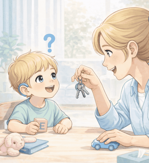 Eltern hören gemeinsam mit ihrem Kind im Freien auf Alltagsgeräusche wie Vogelstimmen und vorbeifahrende Autos.