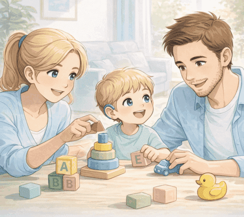 Kleines blondes Kind mit Hörgerät zeigt auf sein Ohr und beschäftigt sich aufmerksam mit dem Hören.