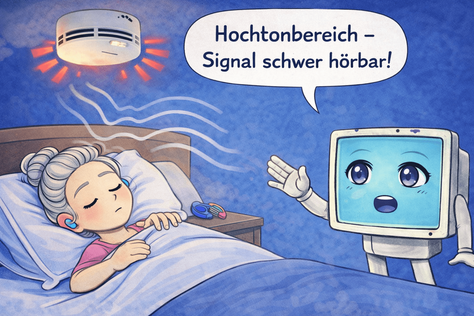 Rauchmelder Alarm im Hochtonbereich wird von schwerhöriger Person im Schlaf nicht wahrgenommen