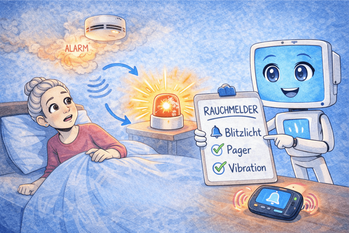 Illustration eines Rauchmelders, der ein Funksignal an eine Blitzlampe und einen Vibrationspager sendet, damit schwerhörige Menschen auch nachts gewarnt werden.