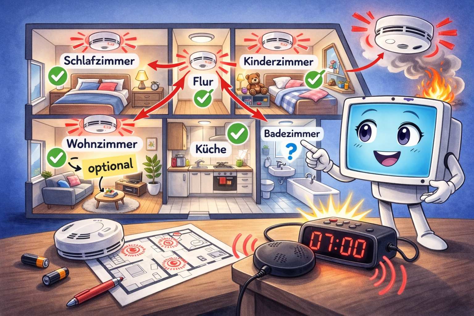 Infografik zeigt in welchen Räumen Rauchmelder installiert werden sollten