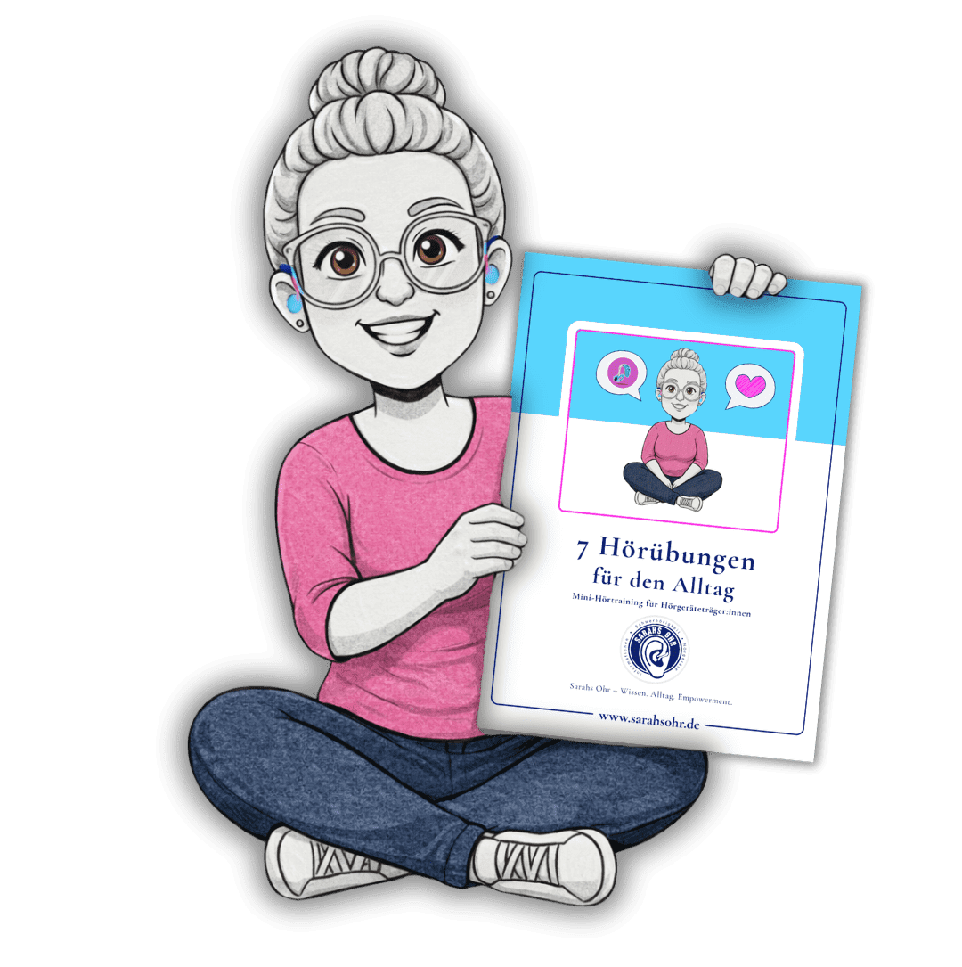 Comic Sarah mit sichtbarem Hörgerät hält das Hörtraining-Freebie hoch