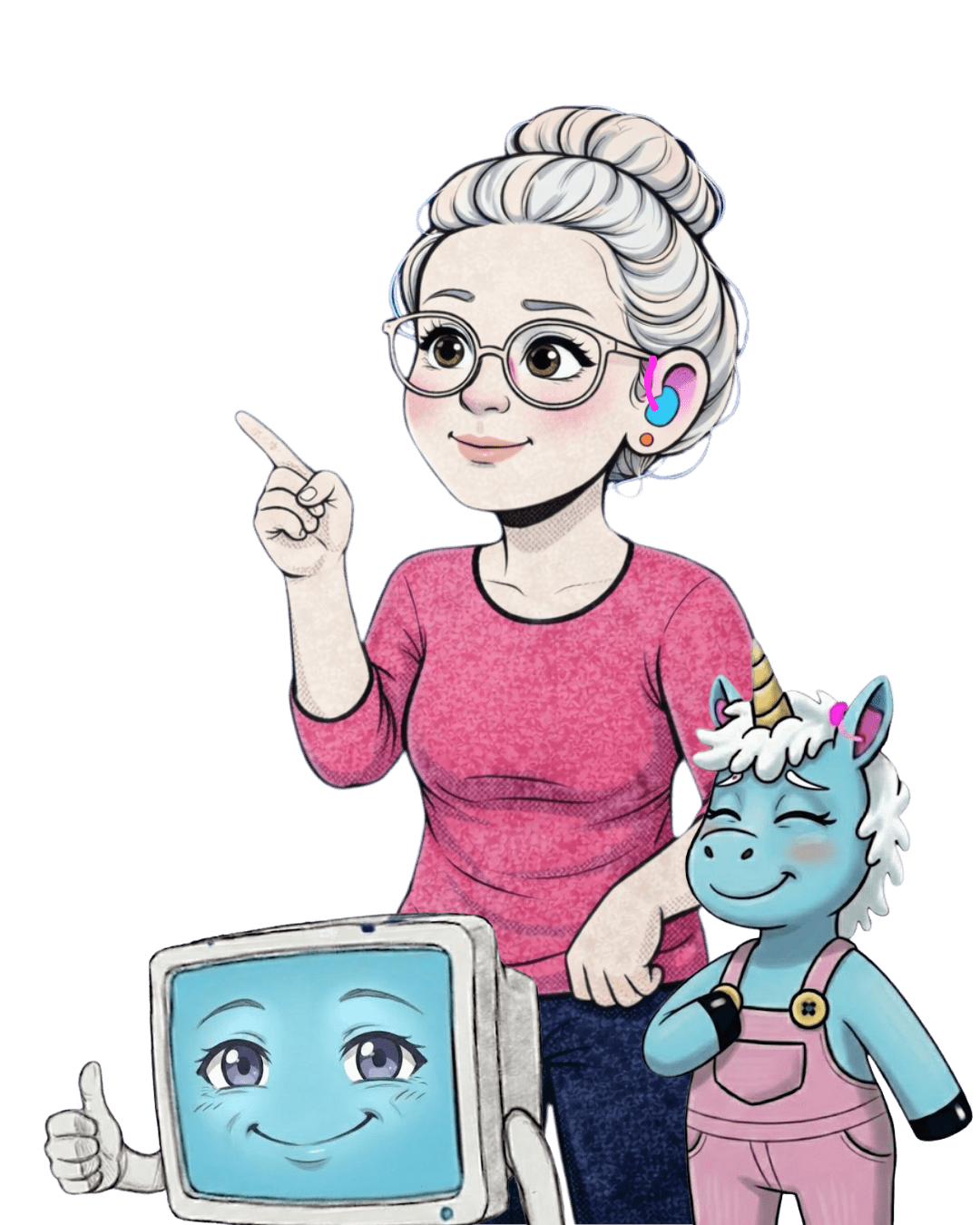 Comic Sarah mit Brille, Dutt und sichtbarem Hörgerät als Figur von Sarahs Ohr mit Kai und Erna