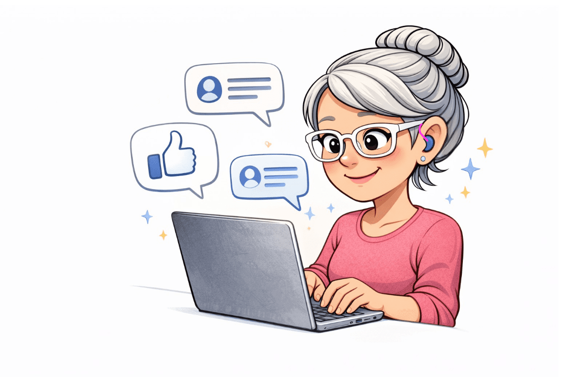 Sarah sitzt am Laptop während Kommentar und Like Symbole eine Community symbolisieren