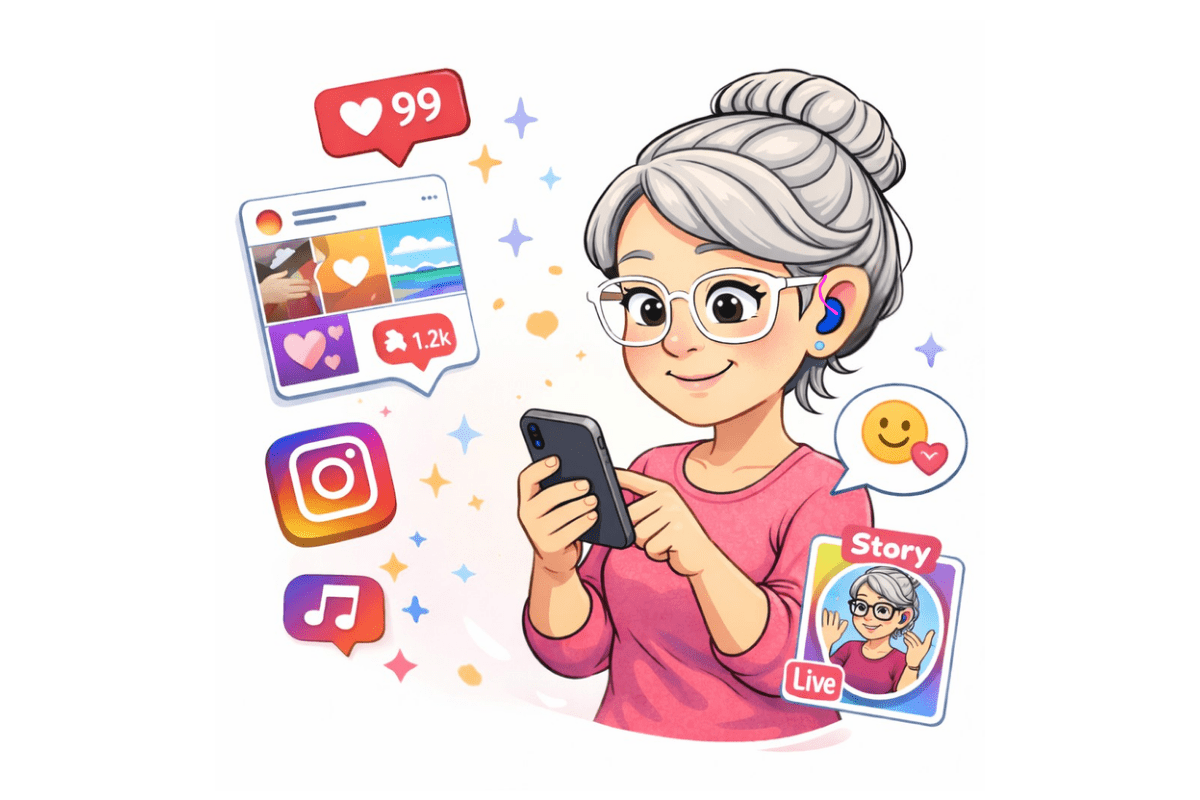 Comicfigur Sarah mit Smartphone und Instagram Symbolen