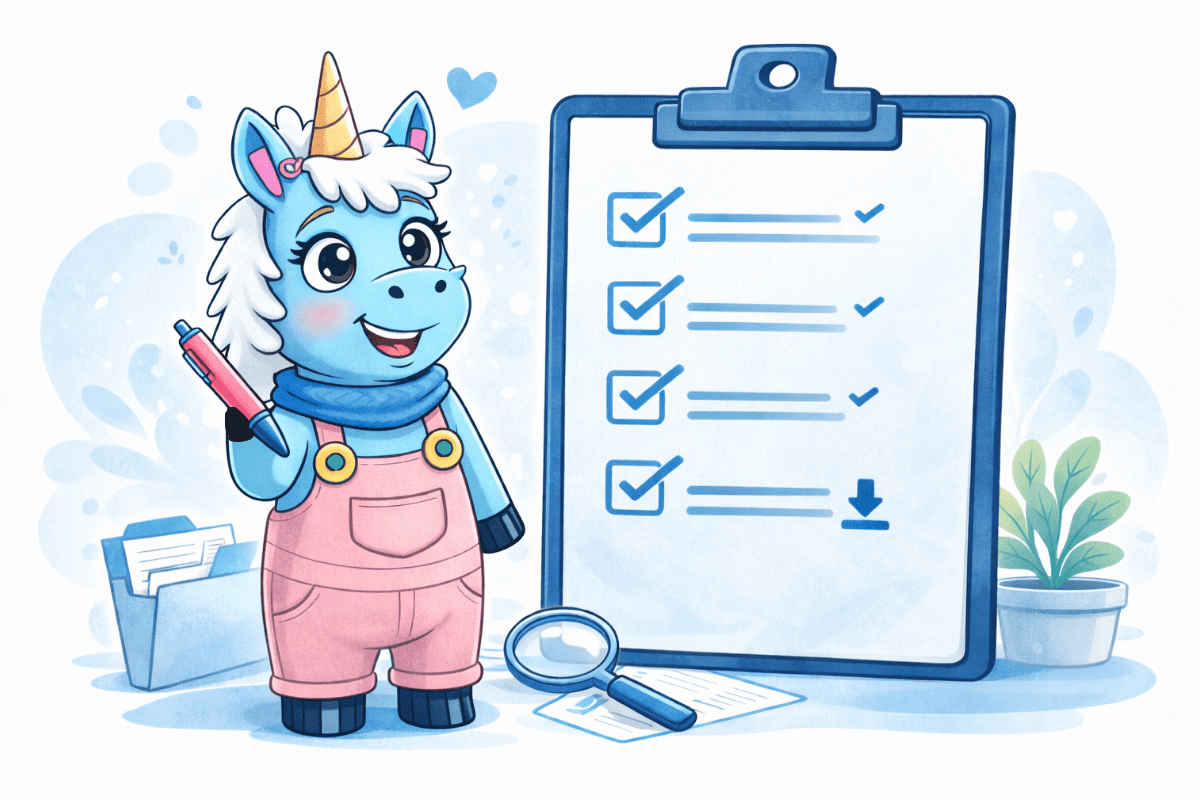 Erna das Einhorn steht neben einer Checkliste mit Tipps und Downloads rund um Hörgeräte.