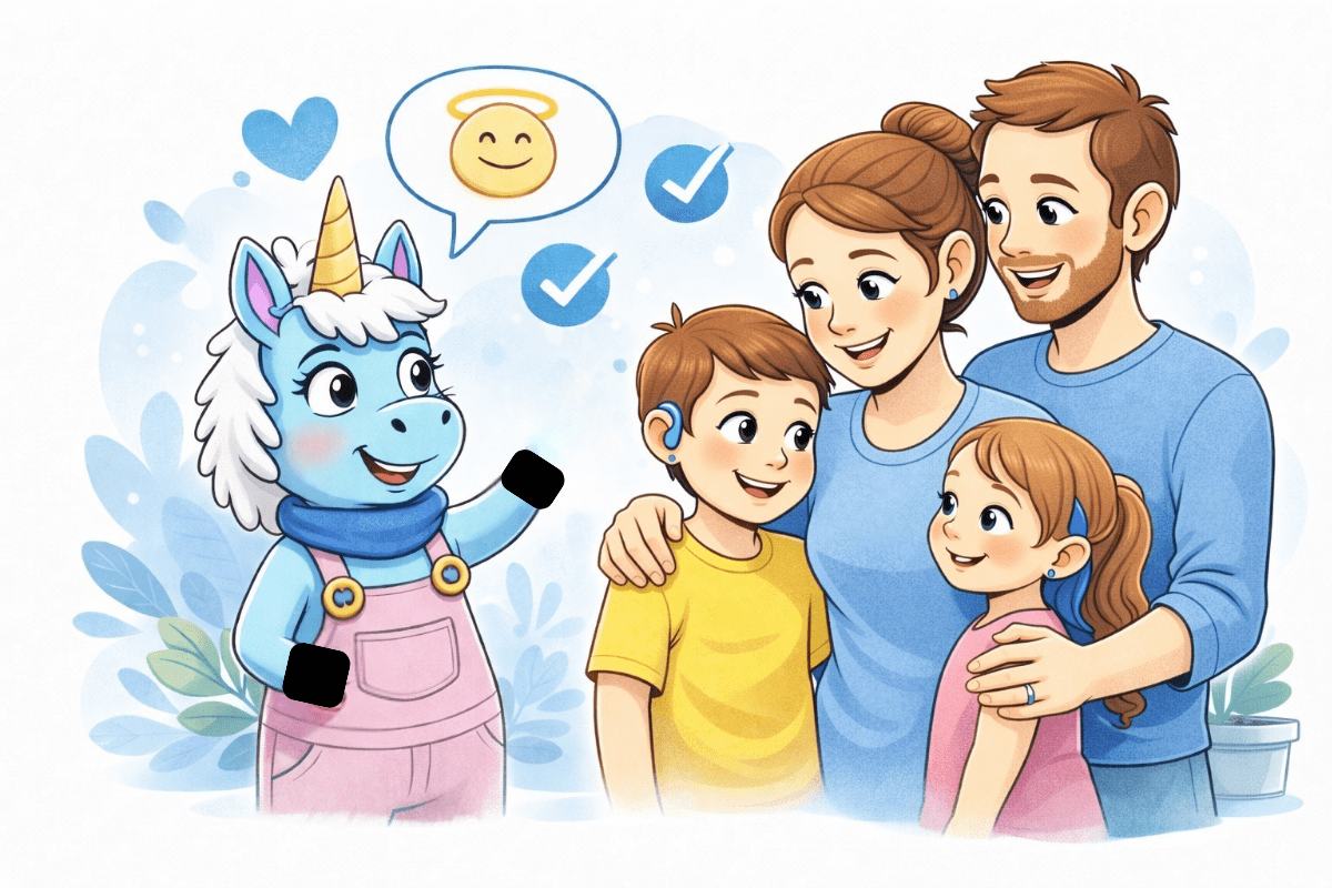 Erna das Einhorn spricht mit einer Familie mit Kindern, eines der Kinder trägt ein Hörgerät.