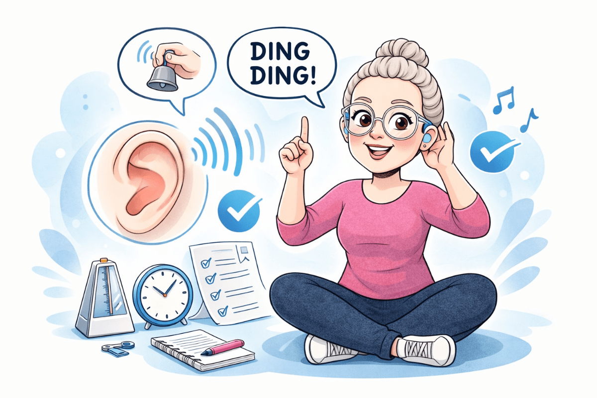 Sarah sitzt entspannt und macht eine Hörübung, um ihr Sprachverstehen und Hören zu trainieren.