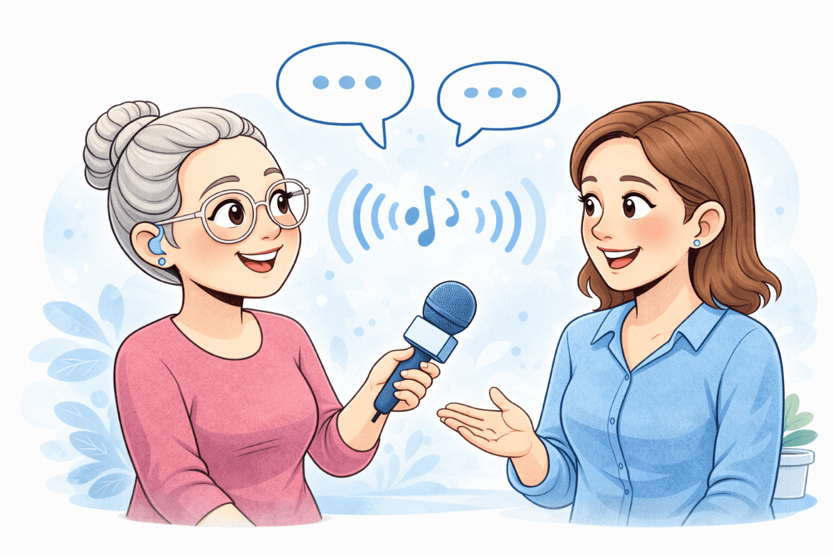Sarah führt ein Interview mit einer Frau über Erfahrungen mit Hörverlust.