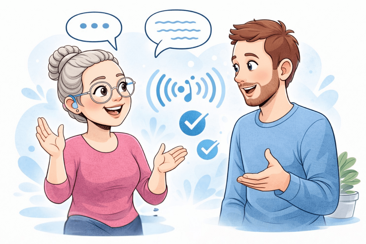 Sarah unterhält sich mit einem Mann über Erfahrungen im Alltag mit Hörverlust.