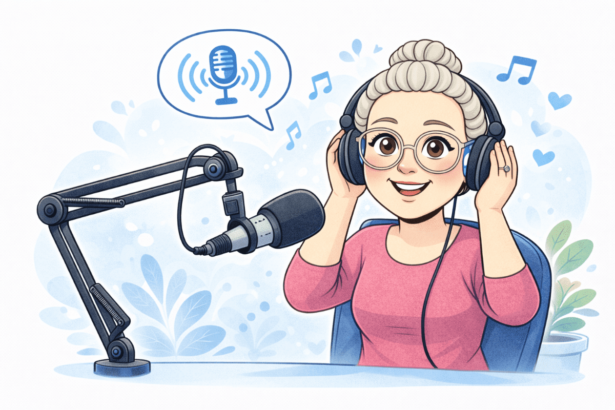 Sarah sitzt mit Kopfhörern vor einem Mikrofon und nimmt einen Podcast zum Thema Hören auf.