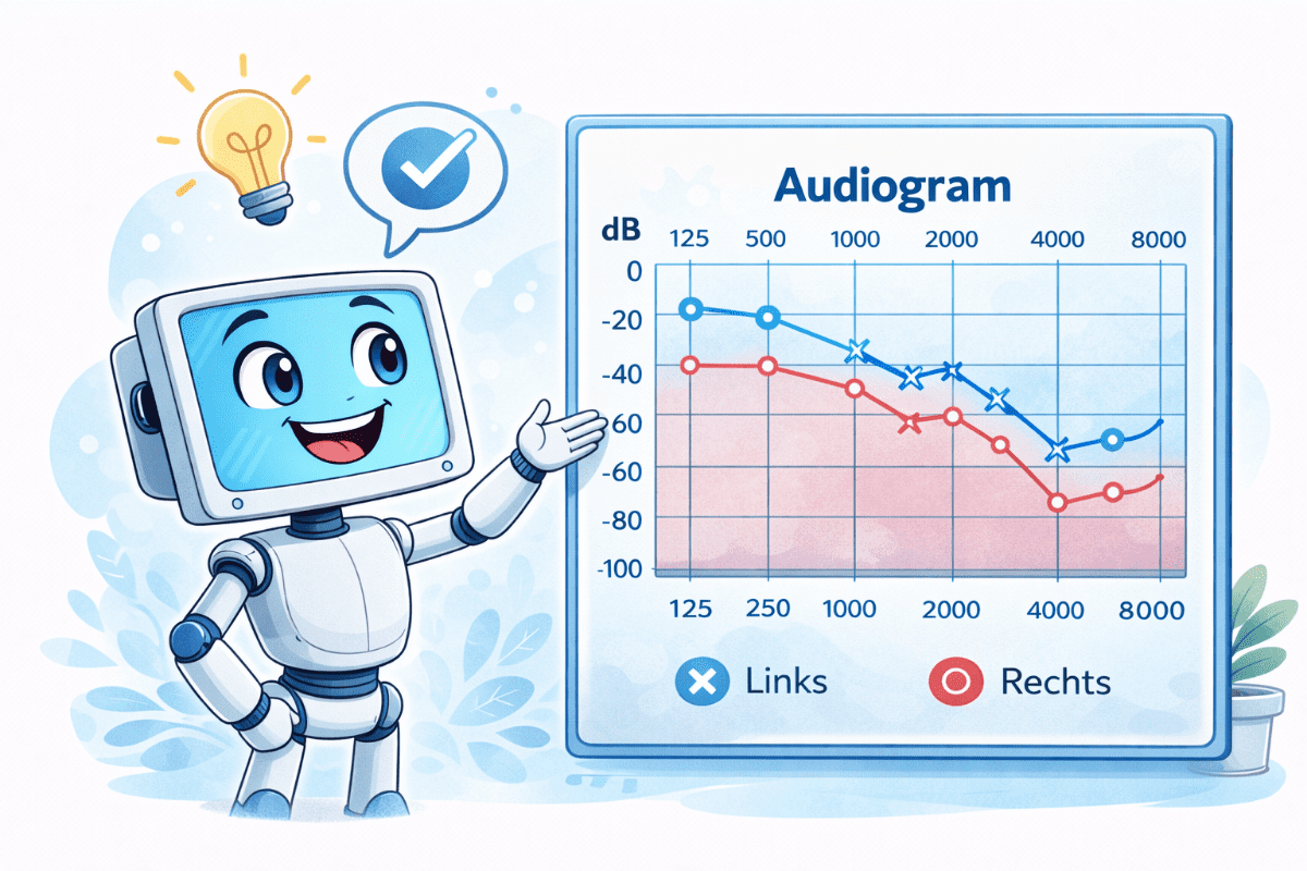 Kai erklärt ein Audiogramm und zeigt, wie Hörverlust in einem Hörtest dargestellt wird.