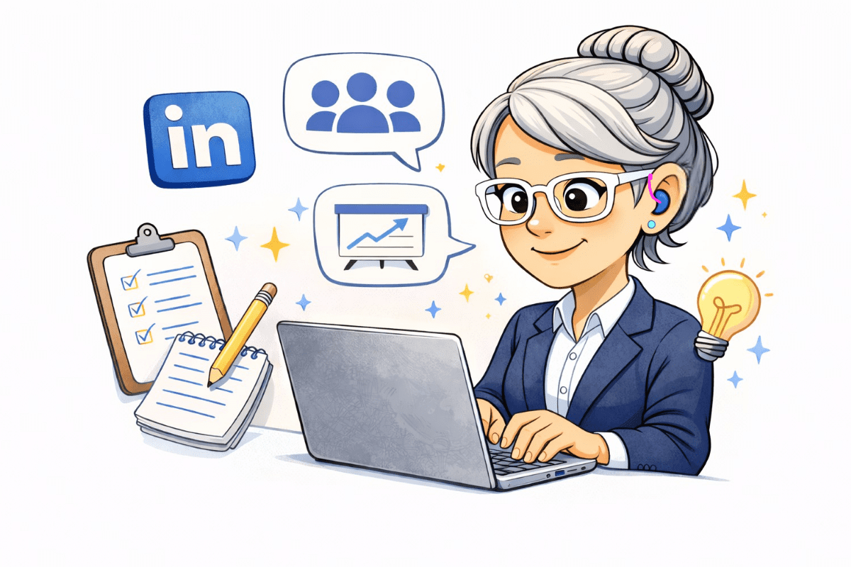 Sarah im Business Outfit arbeitet am Laptop und steht für fachlichen Austausch auf LinkedIn