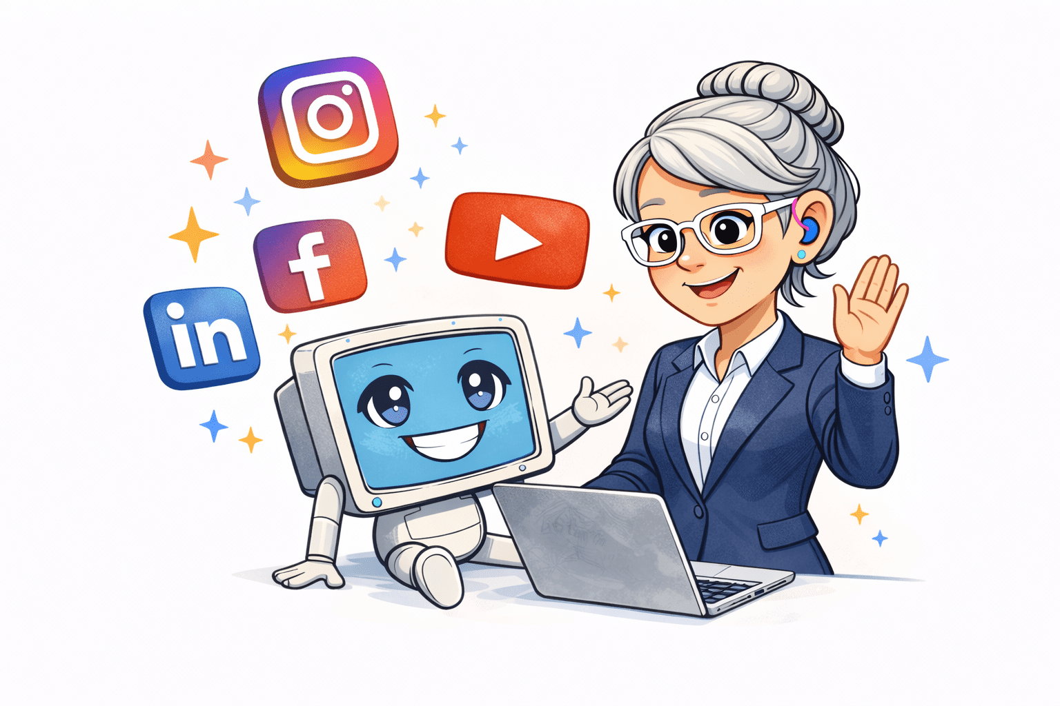 Comicfigur Sarah und Kai vor Symbolen für Instagram, YouTube, Facebook und LinkedIn