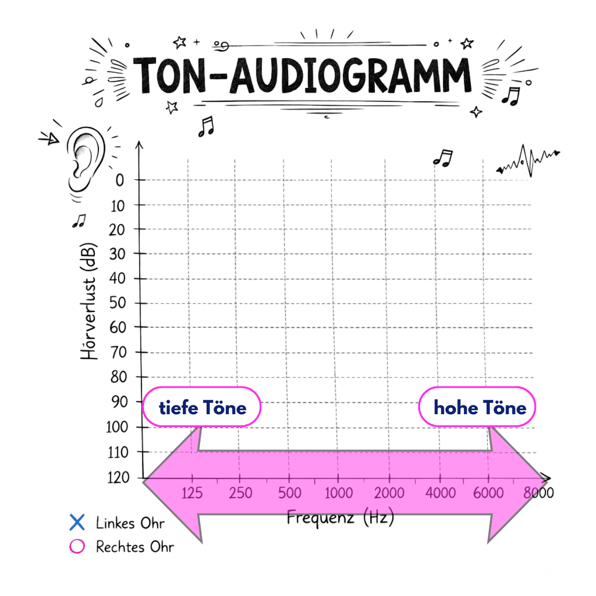 Tonaudiogramm mit markierter Frequenzachse von tiefen zu hohen Tönen.