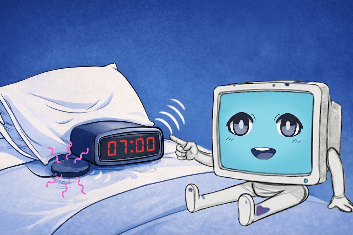 Kai zeigt einen Vibrationswecker mit Shaker unter dem Kopfkissen für Menschen mit Hörverlust