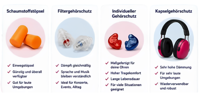 Vergleich verschiedener Gehörschutzarten: Schaumstoffstöpsel, Filtergehörschutz, individueller Gehörschutz und Kapselgehörschutz.