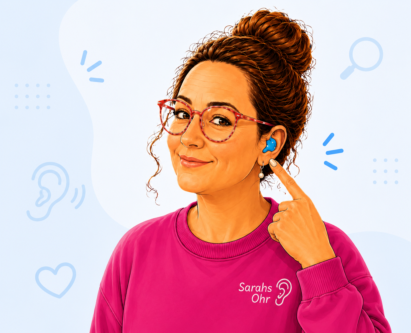 Sarah zeigt auf ihr Hörgerät und informiert über Gehörschutz und Hörgesundheit.