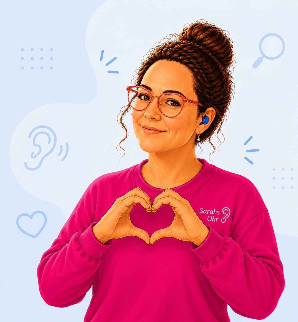Sarah formt mit den Händen ein Herz als Symbol für Hörgesundheit und Aufklärung.