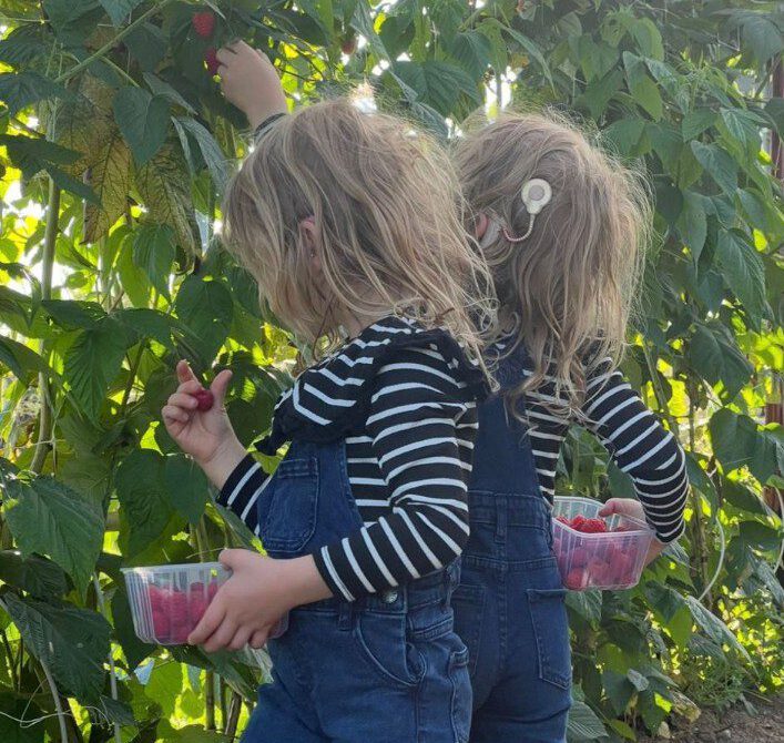 Zwei Mädchen mit Hörhilfen pflücken Himbeeren im Garten.